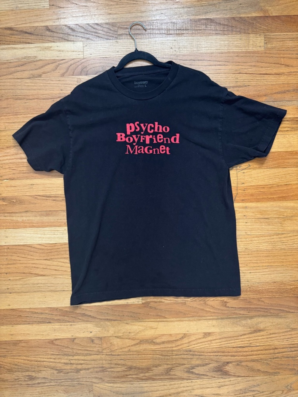 Black Short Sleeve Graphic Tee with Red 'Psycho Boyfriend Magnet' Print